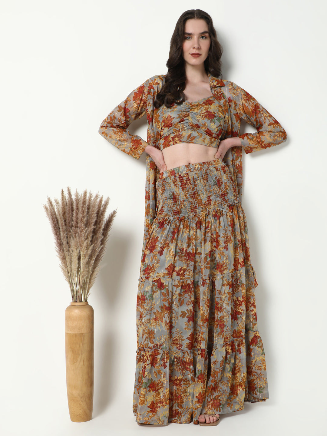 Women Brown Printed Co Ords Set with Shrug