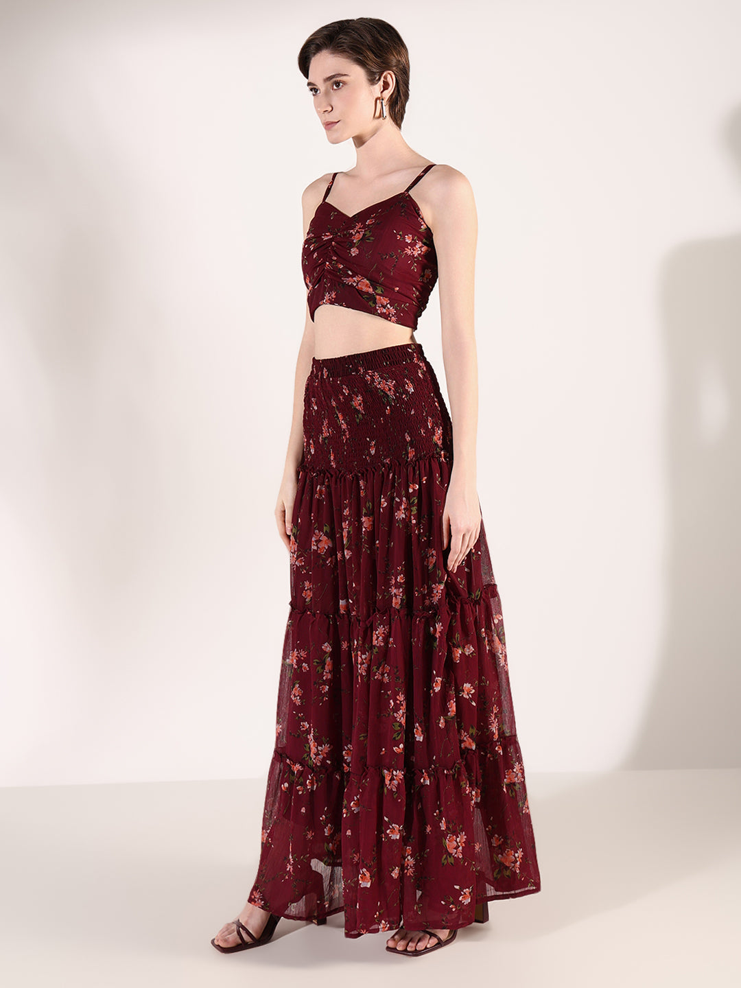 Women Printed Burgundy Co Ords Set with Shrug