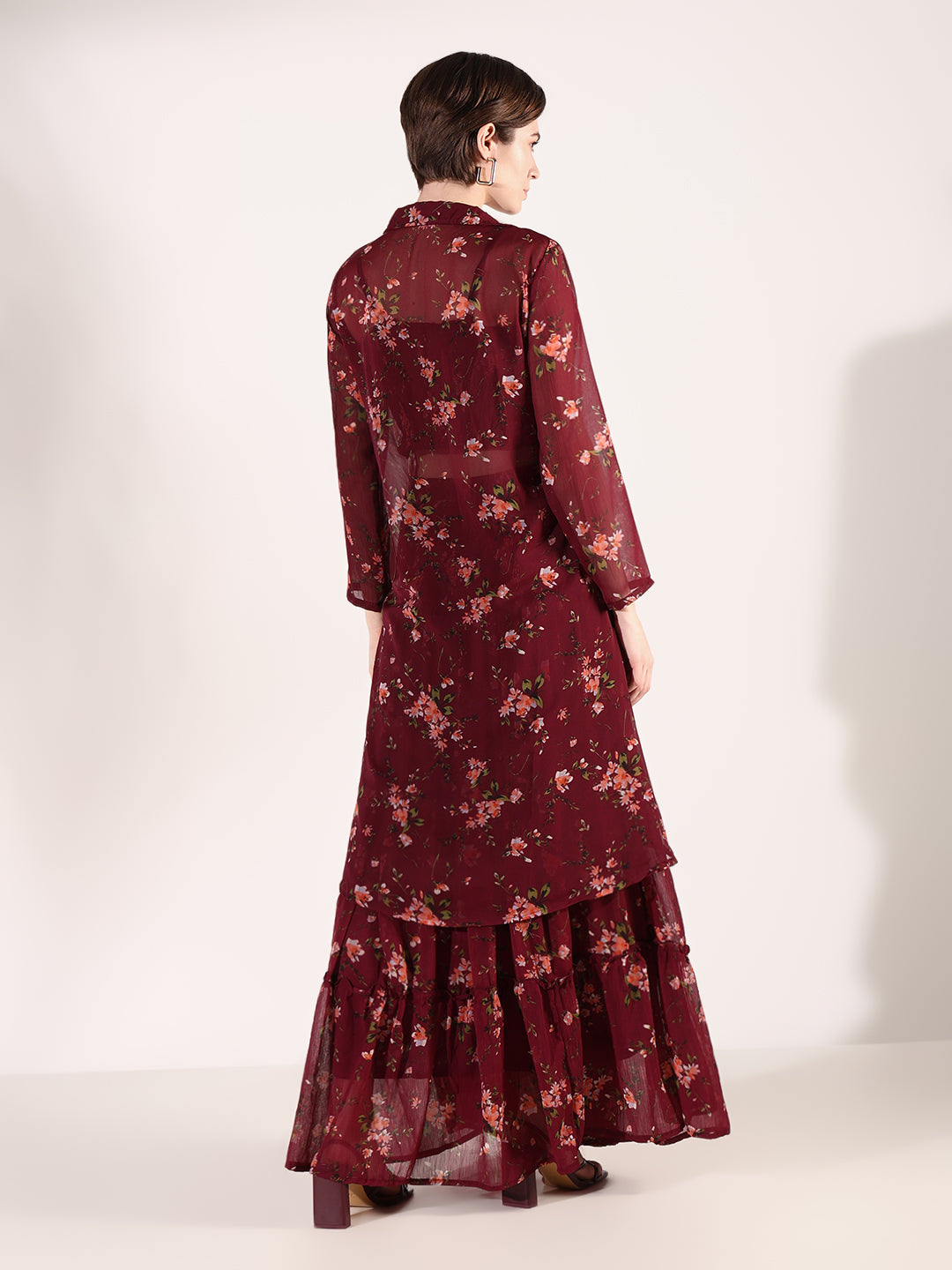 Women Printed Burgundy Co Ords Set with Shrug