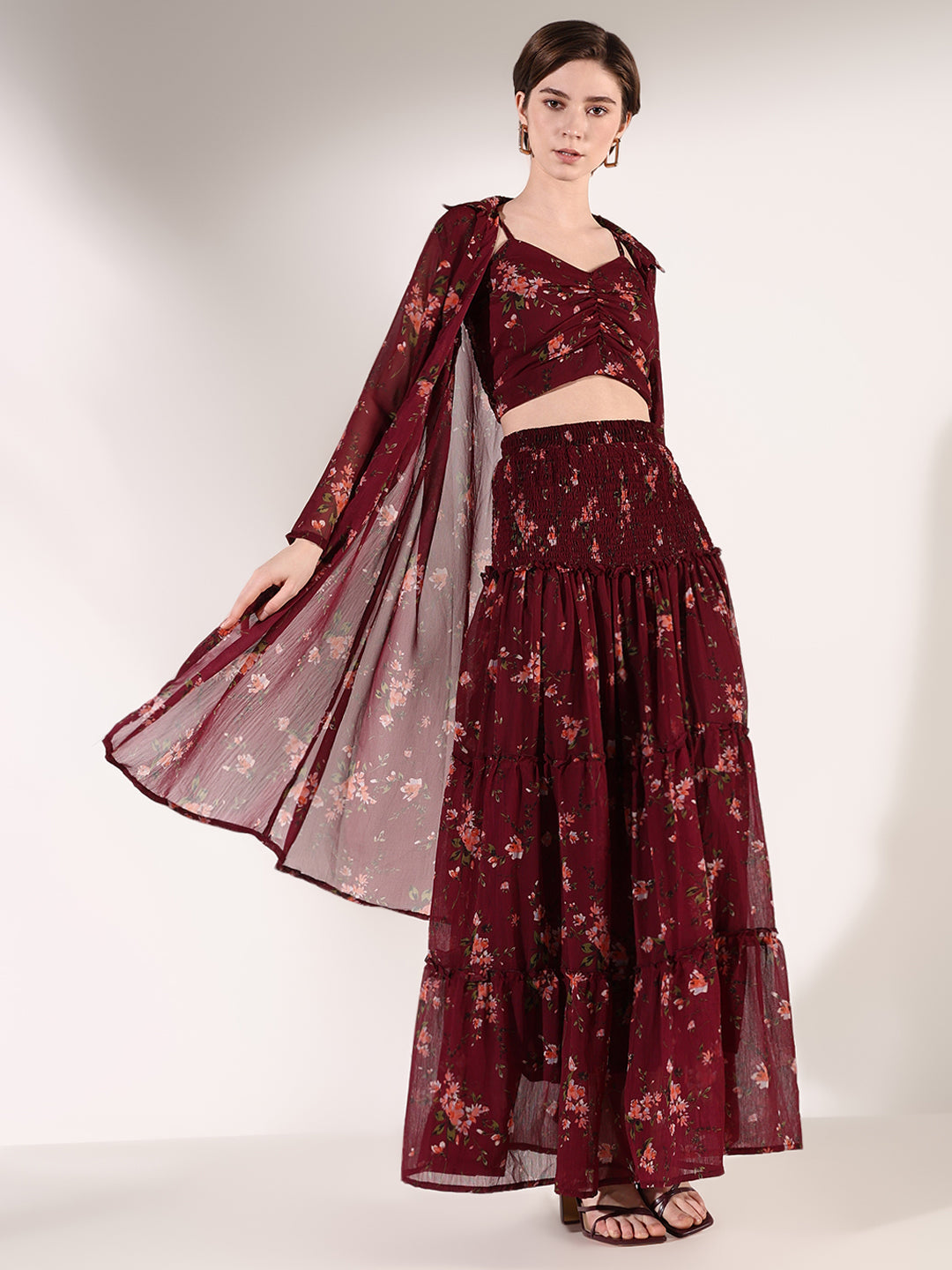 Women Printed Burgundy Co Ords Set with Shrug