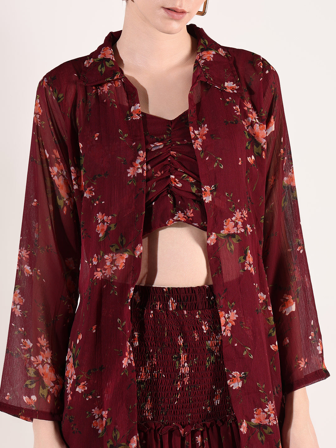 Women Printed Burgundy Co Ords Set with Shrug