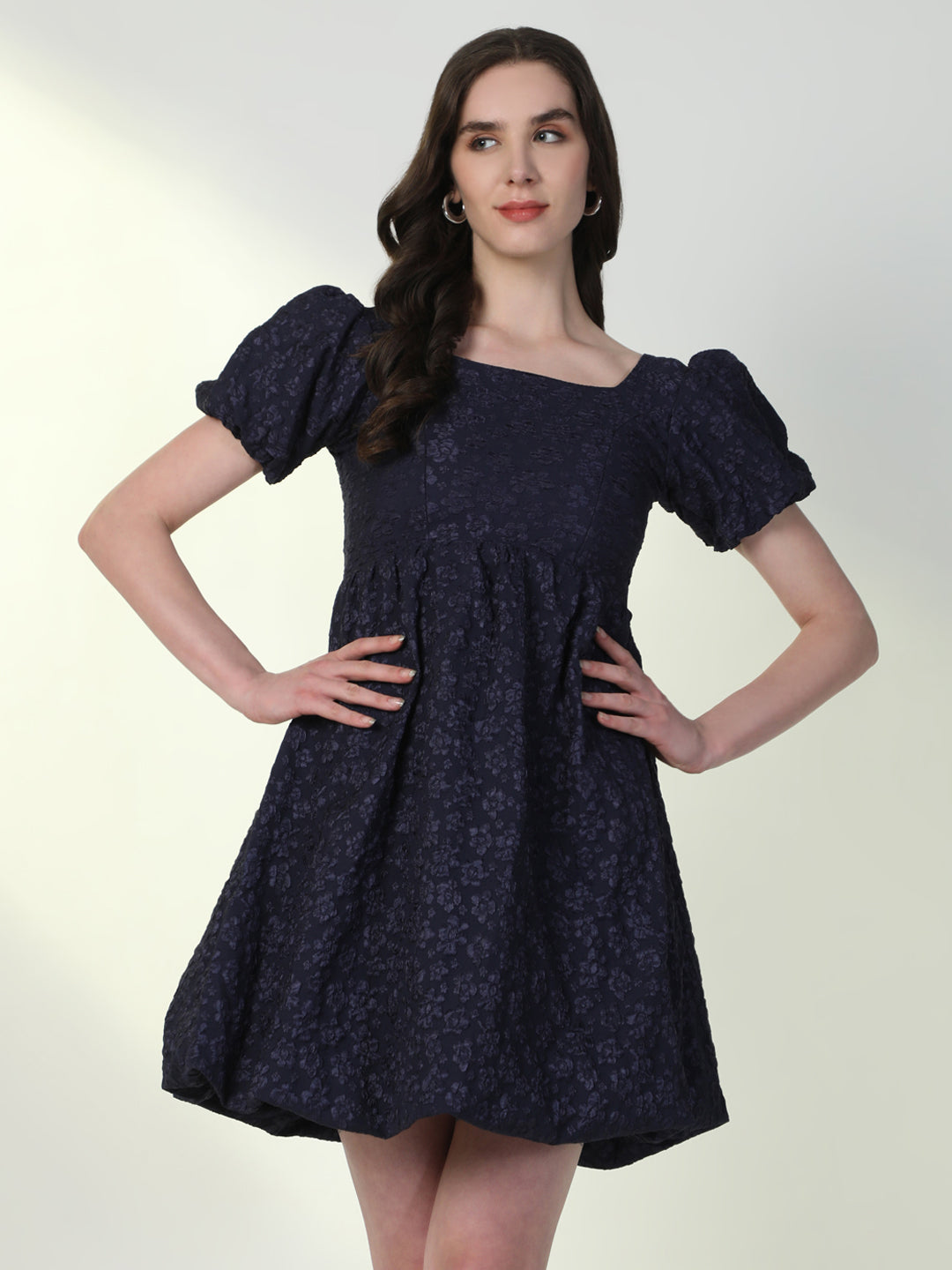 Women Solid Navy Blue Flared Dress with Bag