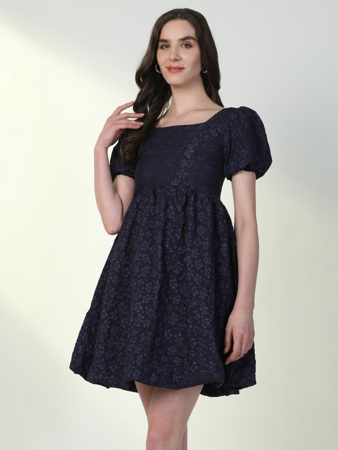 Women Solid Navy Blue Flared Dress with Bag