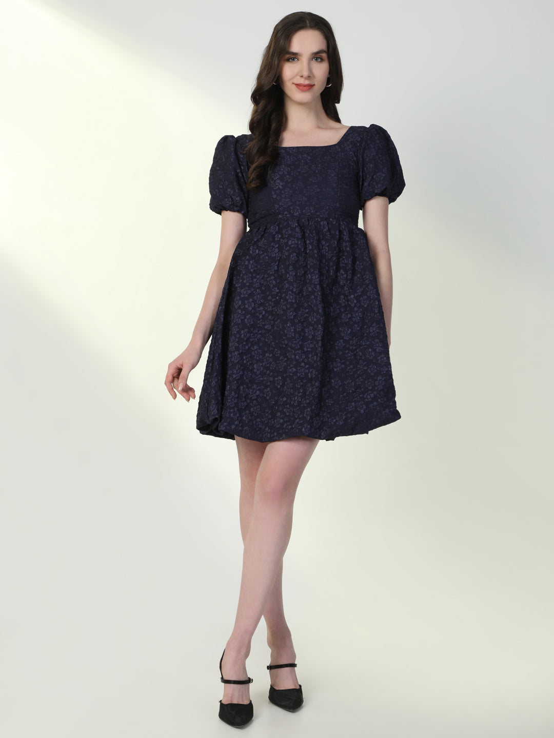 Women Solid Navy Blue Flared Dress with Bag