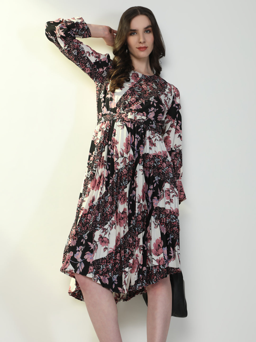 Women Floral Black Flared Dress with Belt