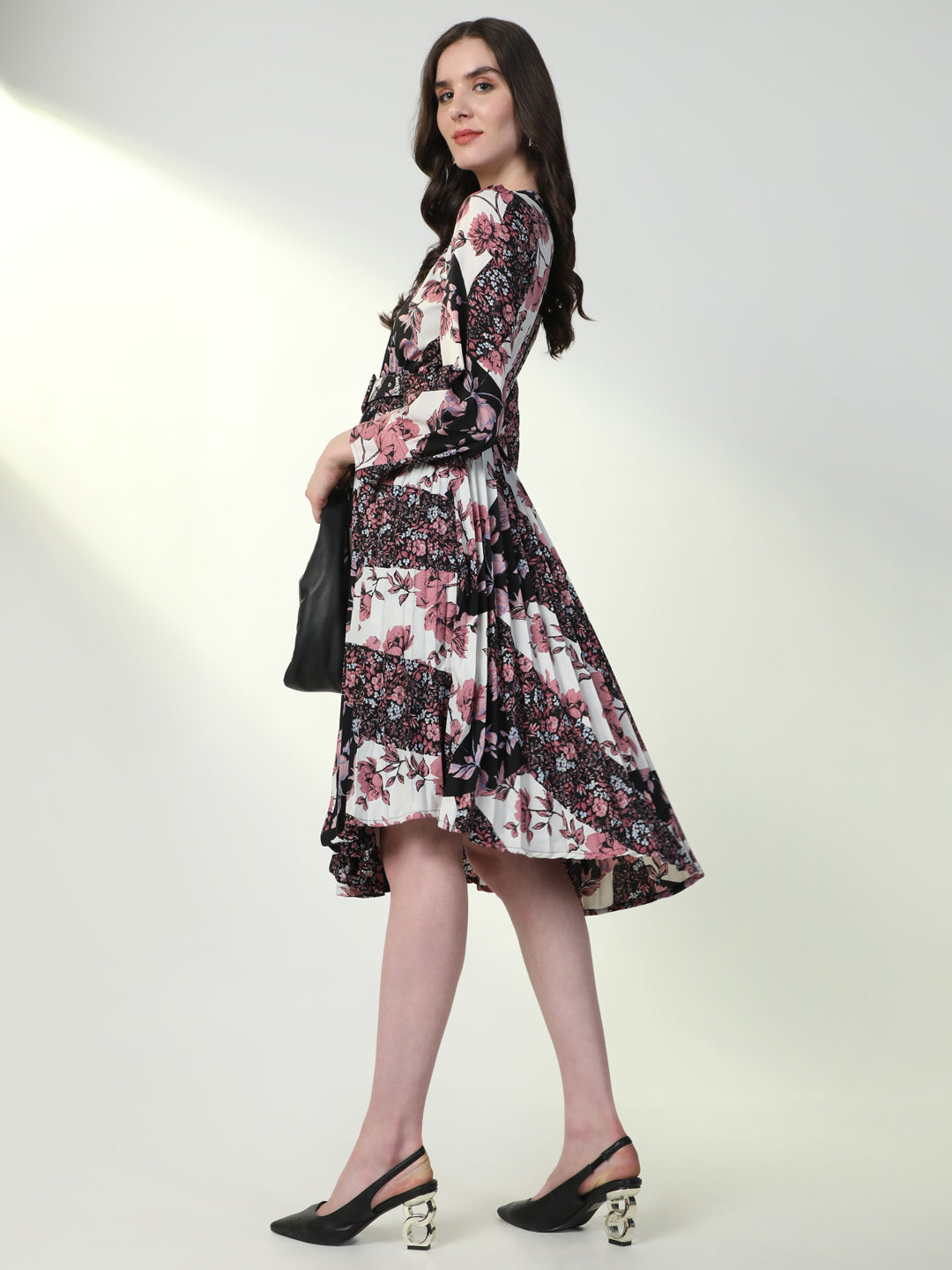 Women Floral Black Flared Dress with Belt