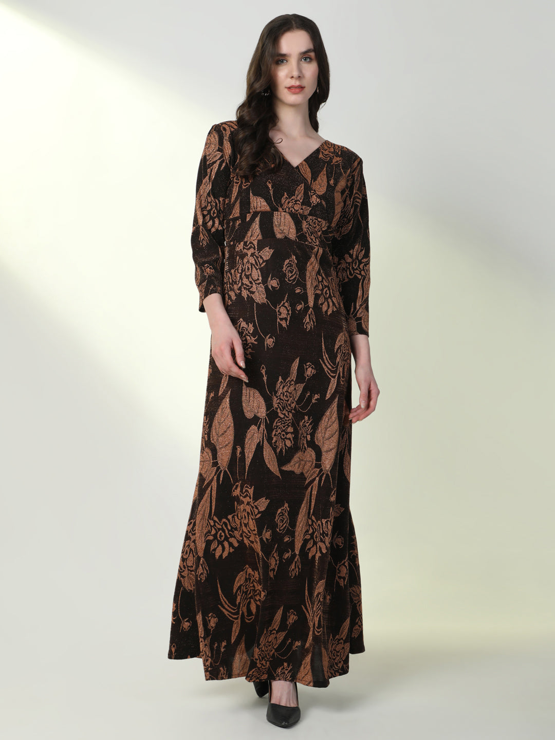 Women Floral Brown Flared Dress