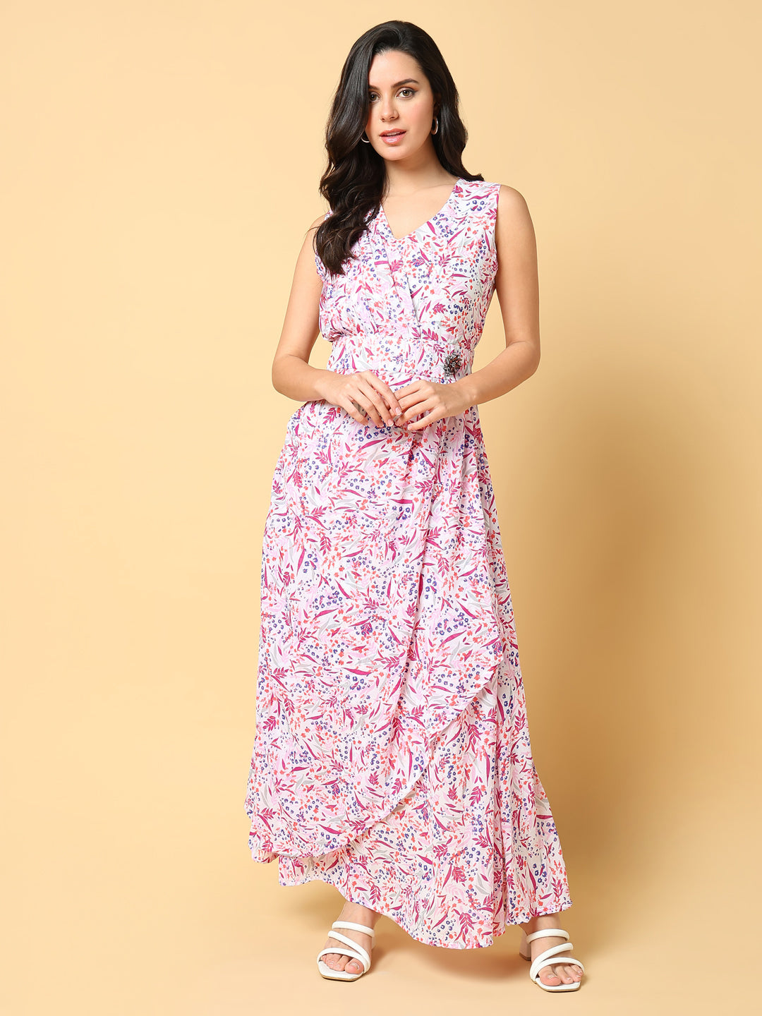 Women Printed Pink Fit and Flare Dress