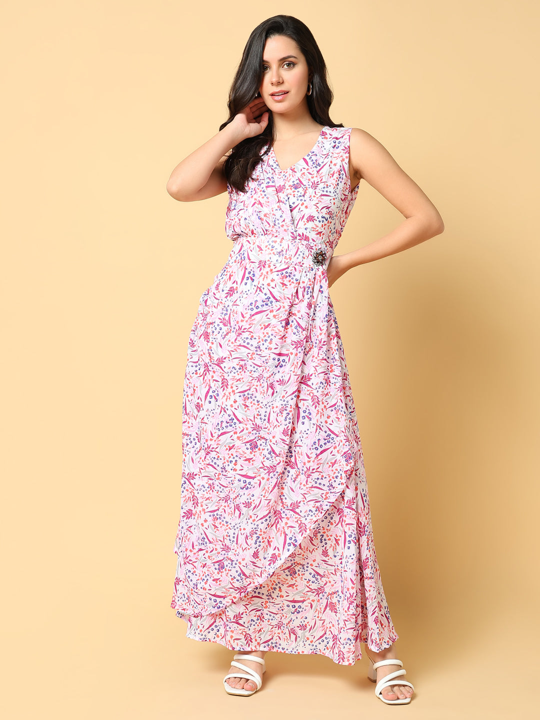 Women Printed Pink Fit and Flare Dress