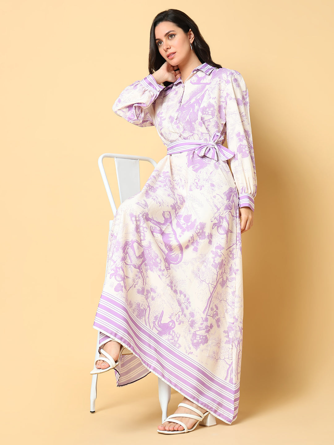 Women Printed Purple A-Line Dress with Belt