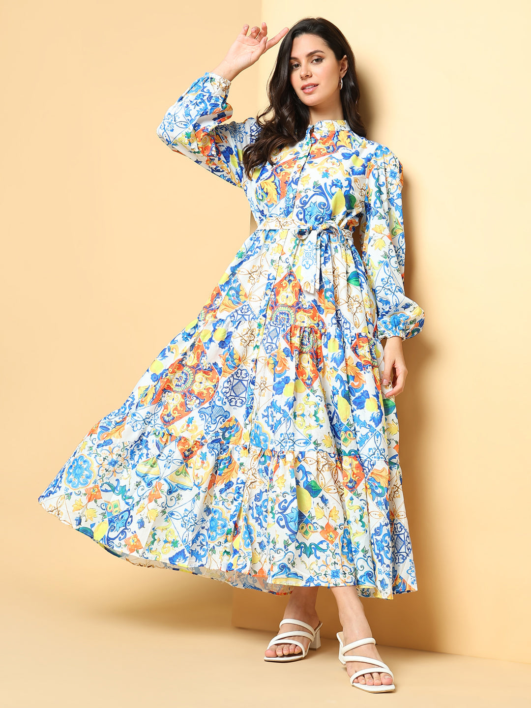 Women Printed Blue Fit and Flare Dress with Belt