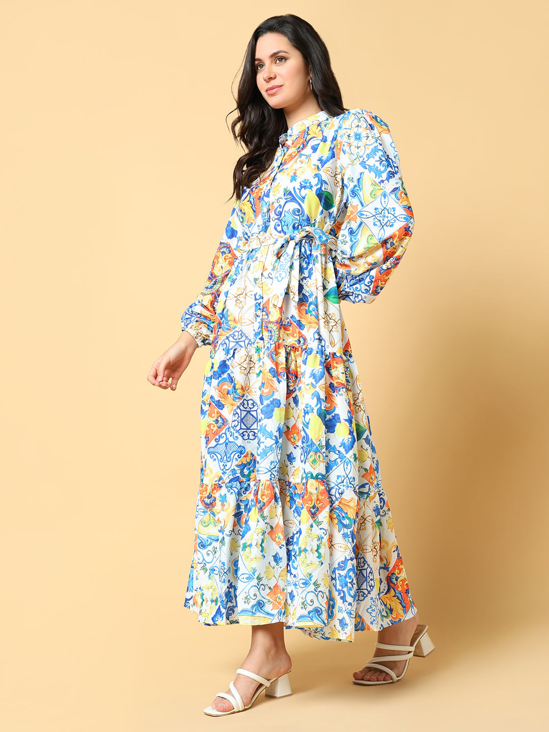 Women Printed Blue Fit and Flare Dress with Belt