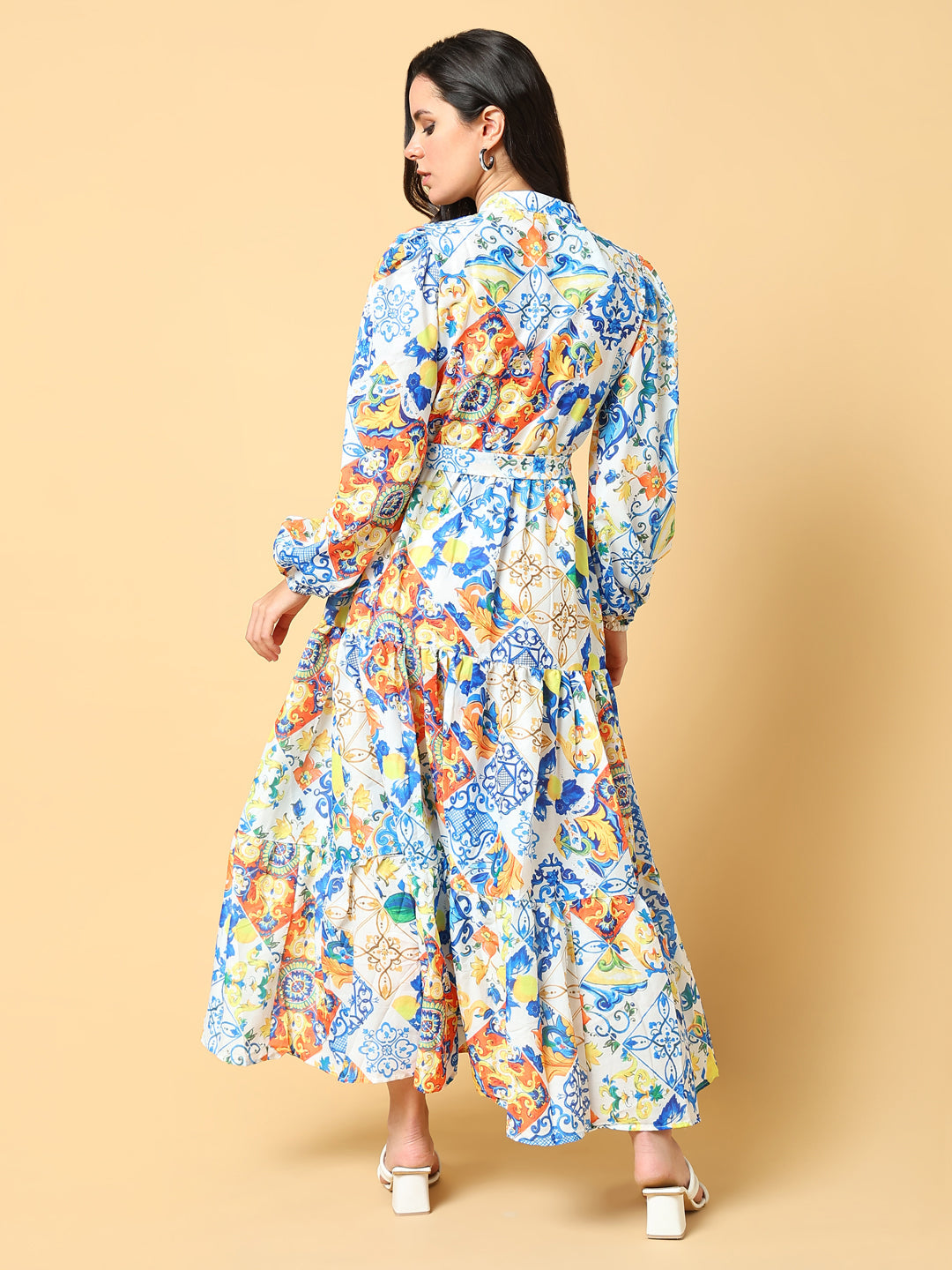 Women Printed Blue Fit and Flare Dress with Belt