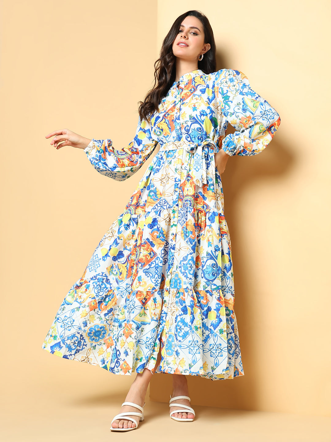 Women Printed Blue Fit and Flare Dress with Belt