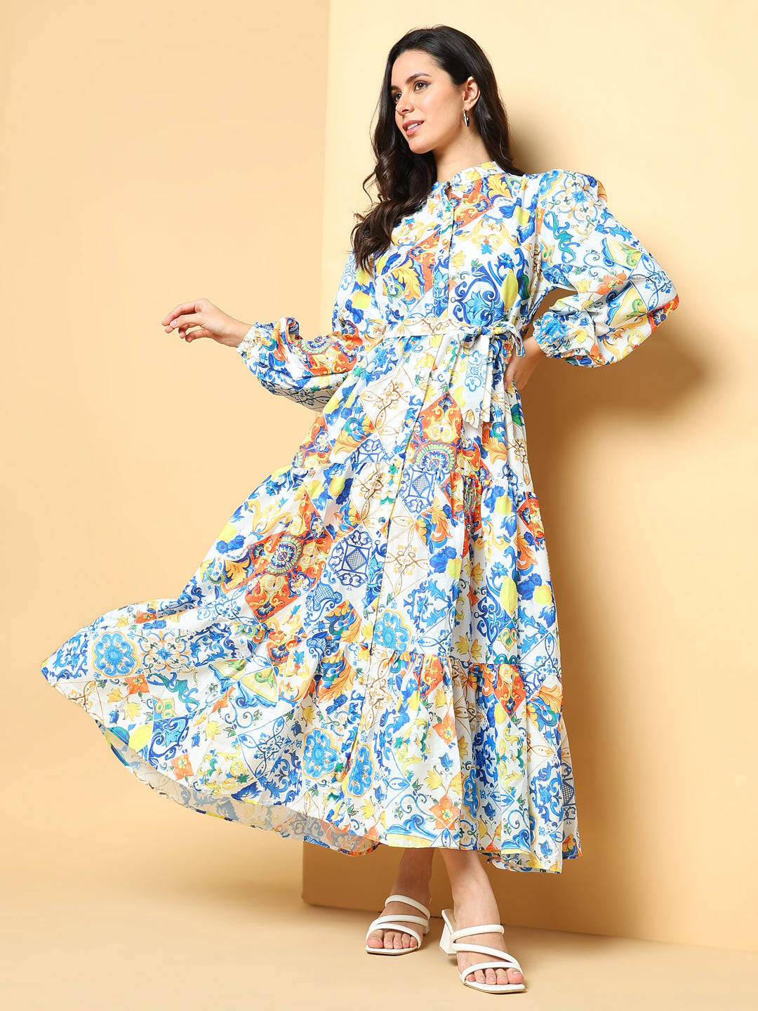 Women Printed Blue Fit and Flare Dress with Belt