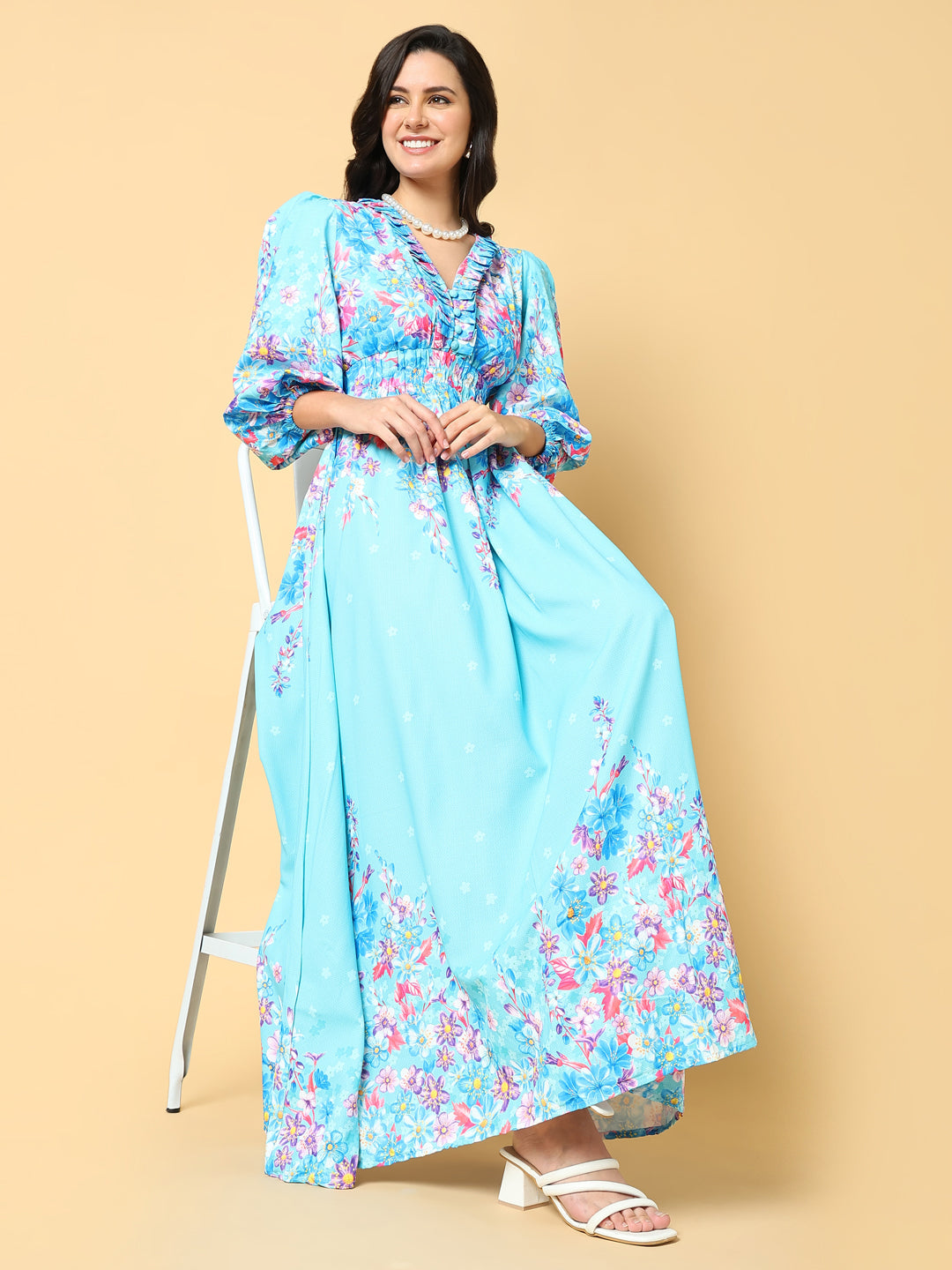 Women Printed Blue Fit and Flare Dress