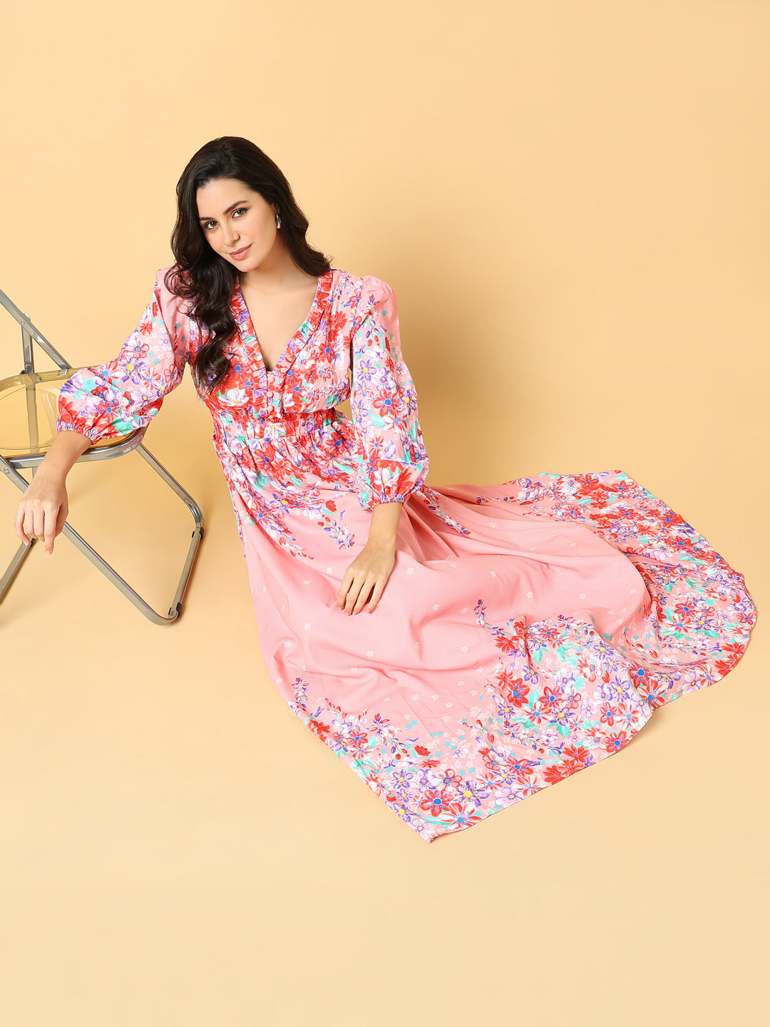 Women Printed Pink Fit and Flare Dress