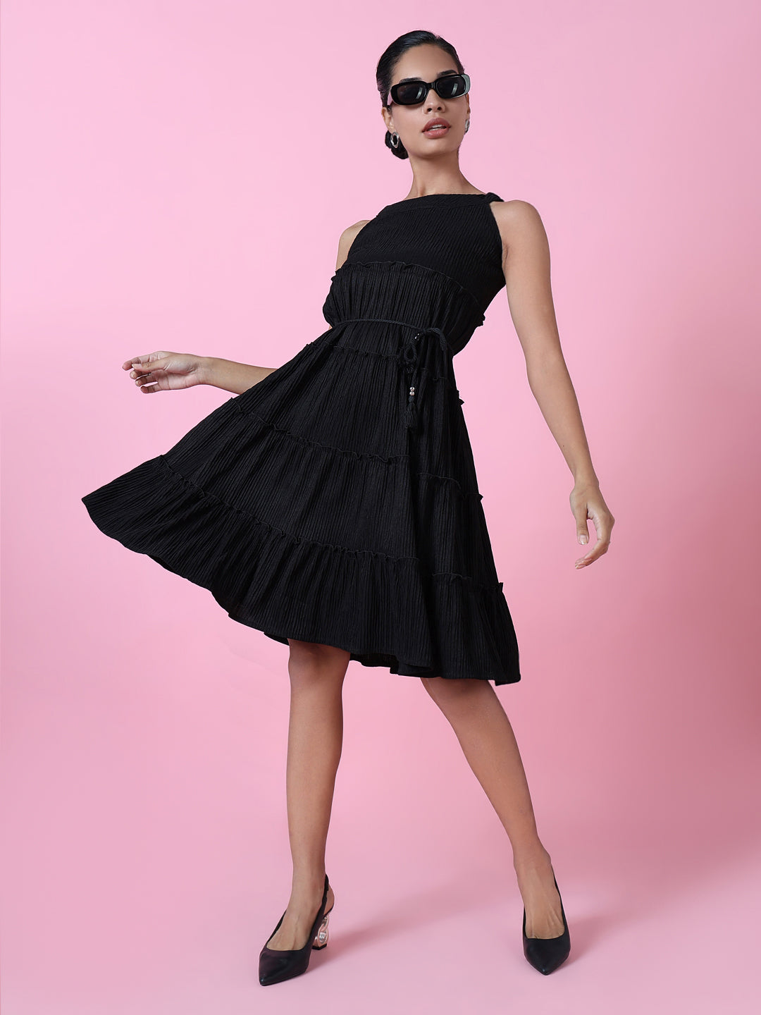 Women Black Solid Fit and Flare Dress