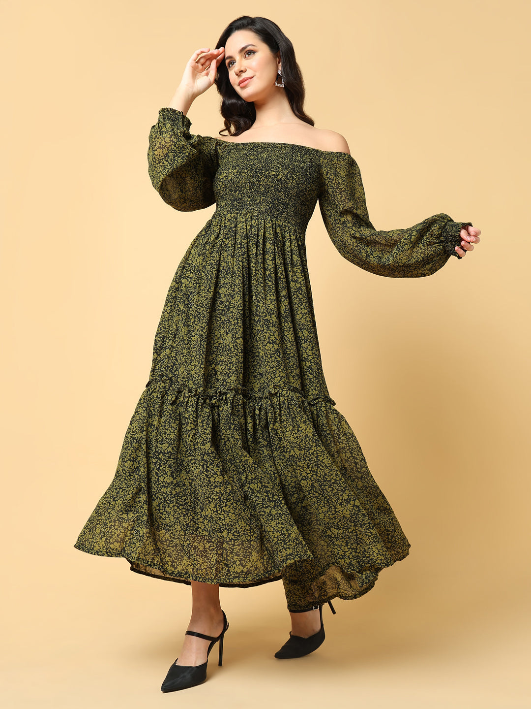 Women Printed Green Fit and Flare Dress