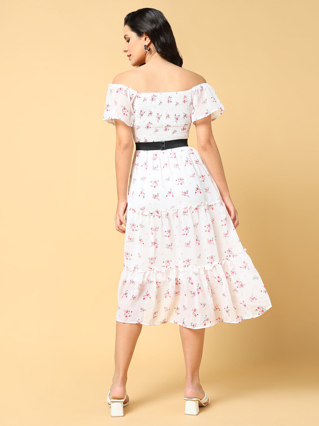 Women Printed White Fit and Flare Dress with Belt