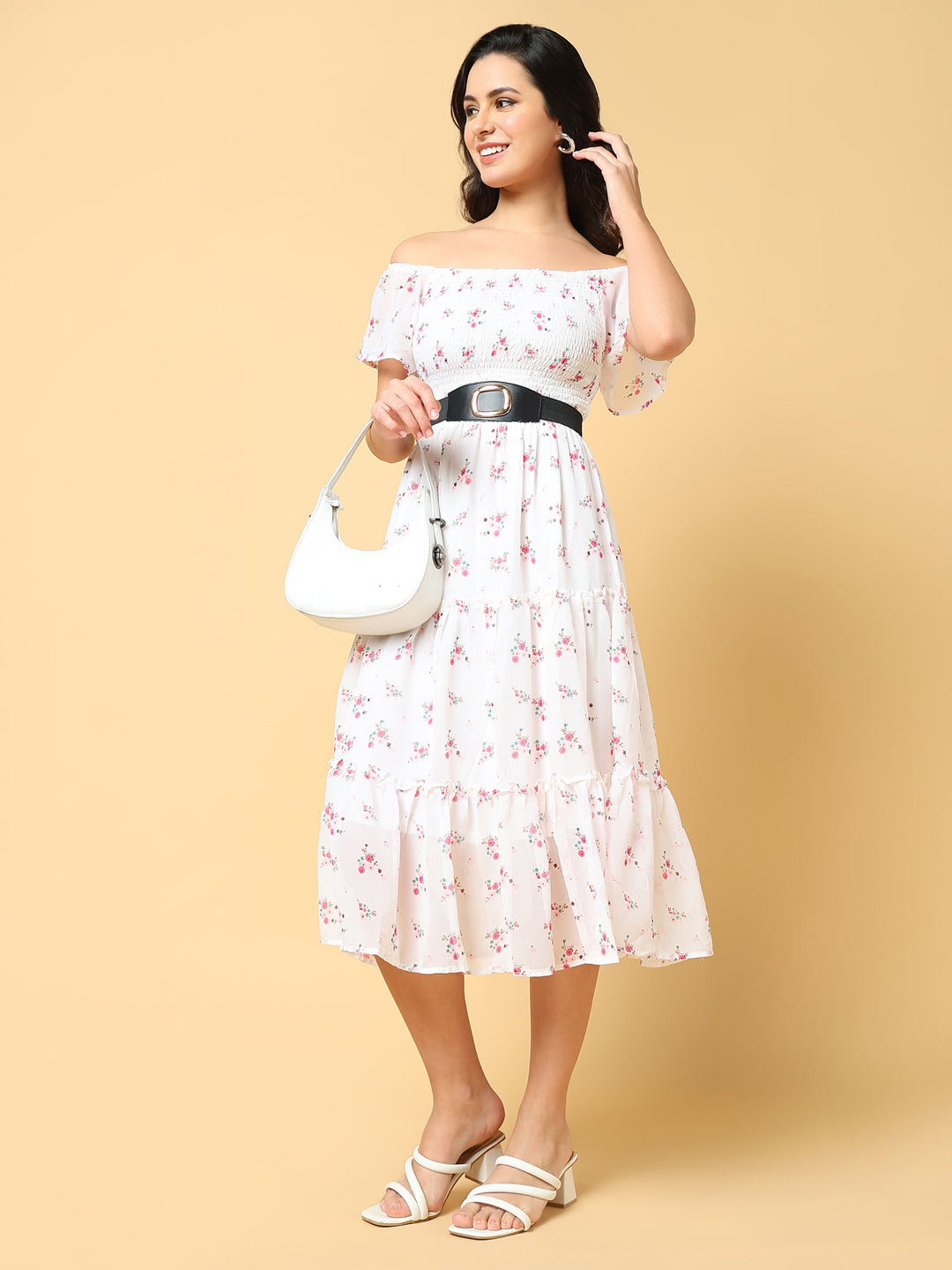 Women Printed White Fit and Flare Dress with Belt