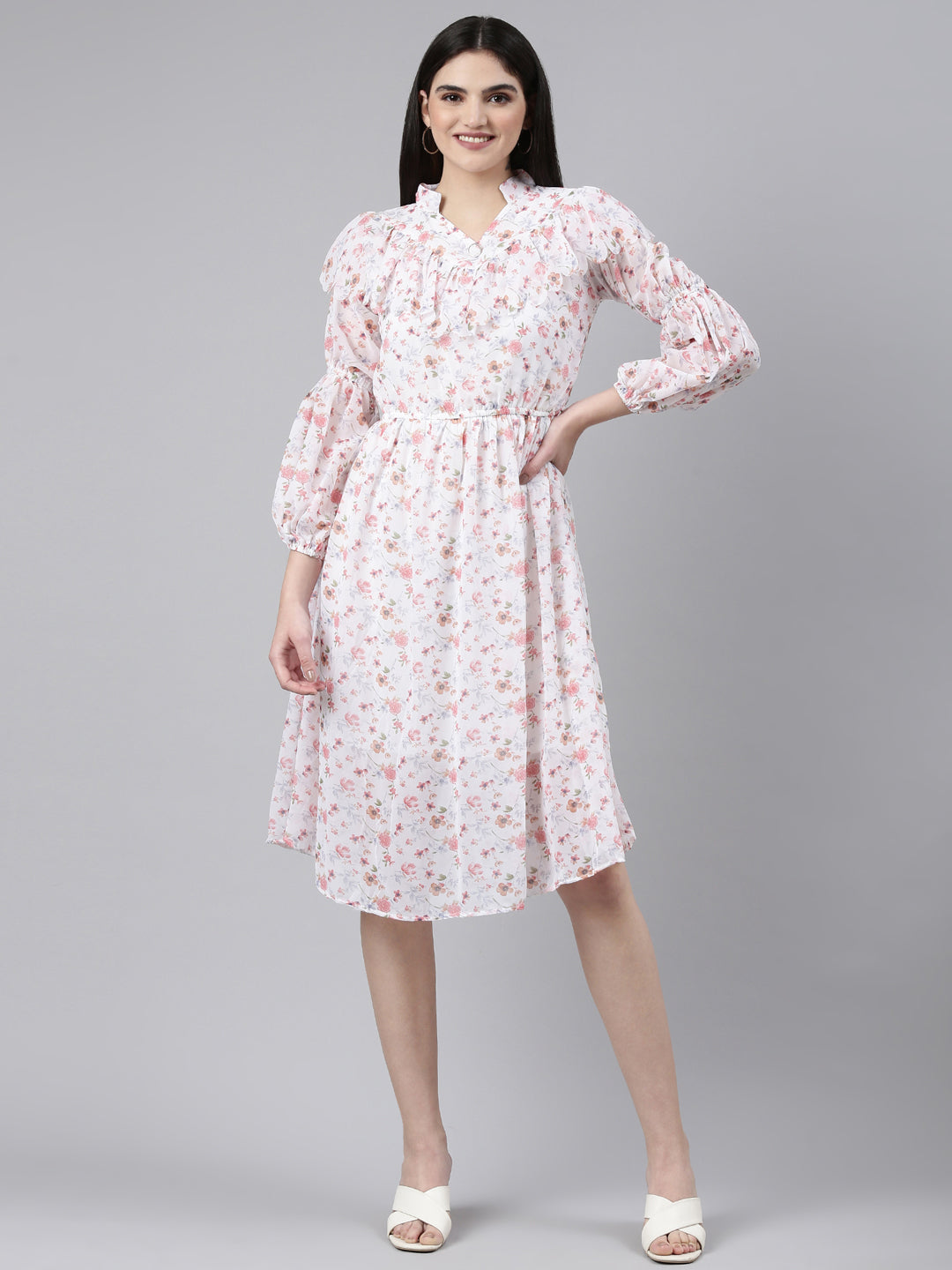 Women Mandarin Collar Printed Fit and Flare White Dress