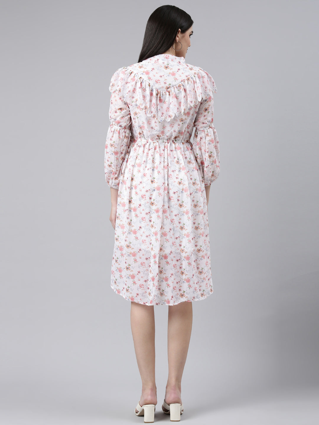 Women Mandarin Collar Printed Fit and Flare White Dress