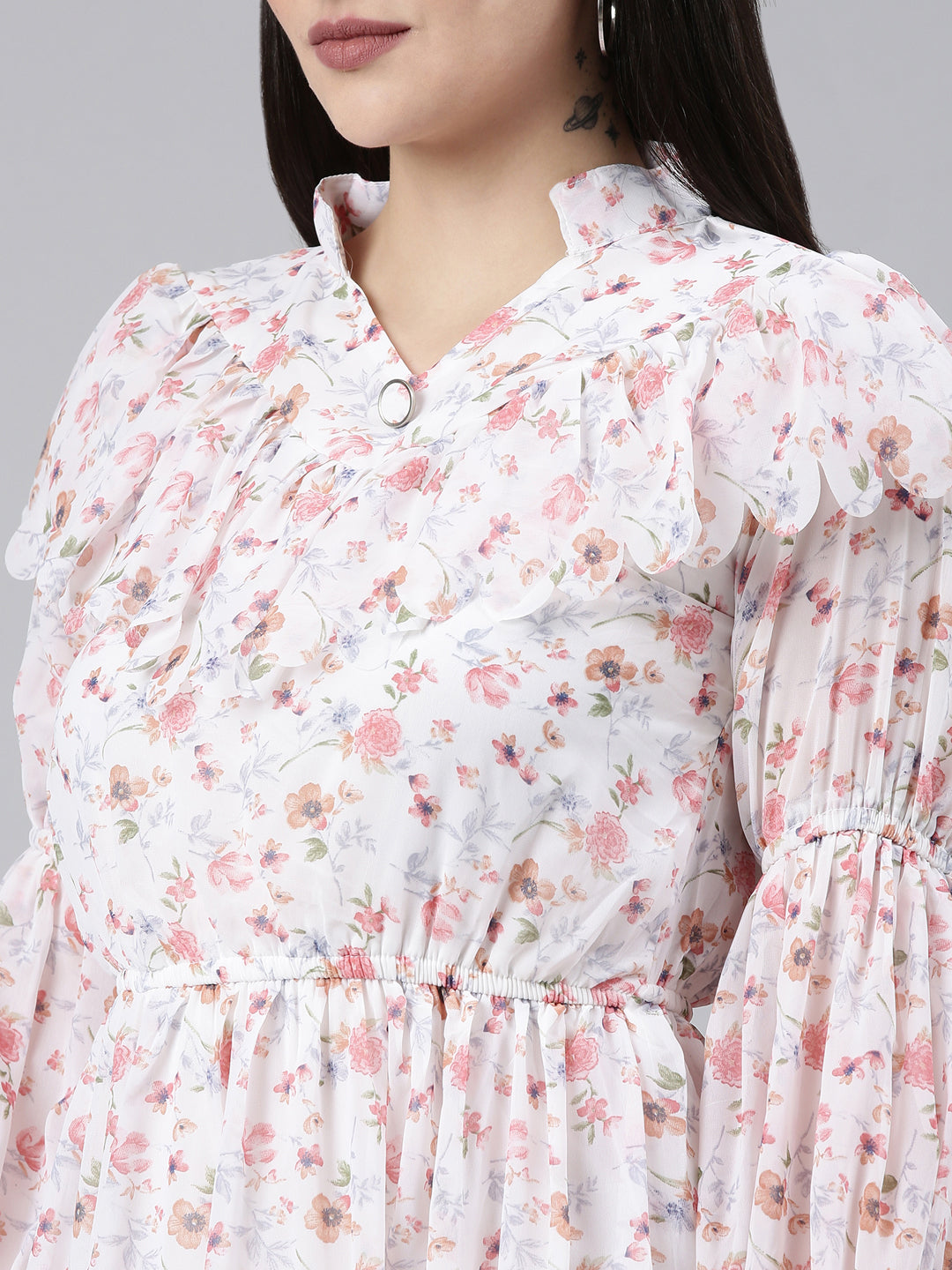 Women Mandarin Collar Printed Fit and Flare White Dress