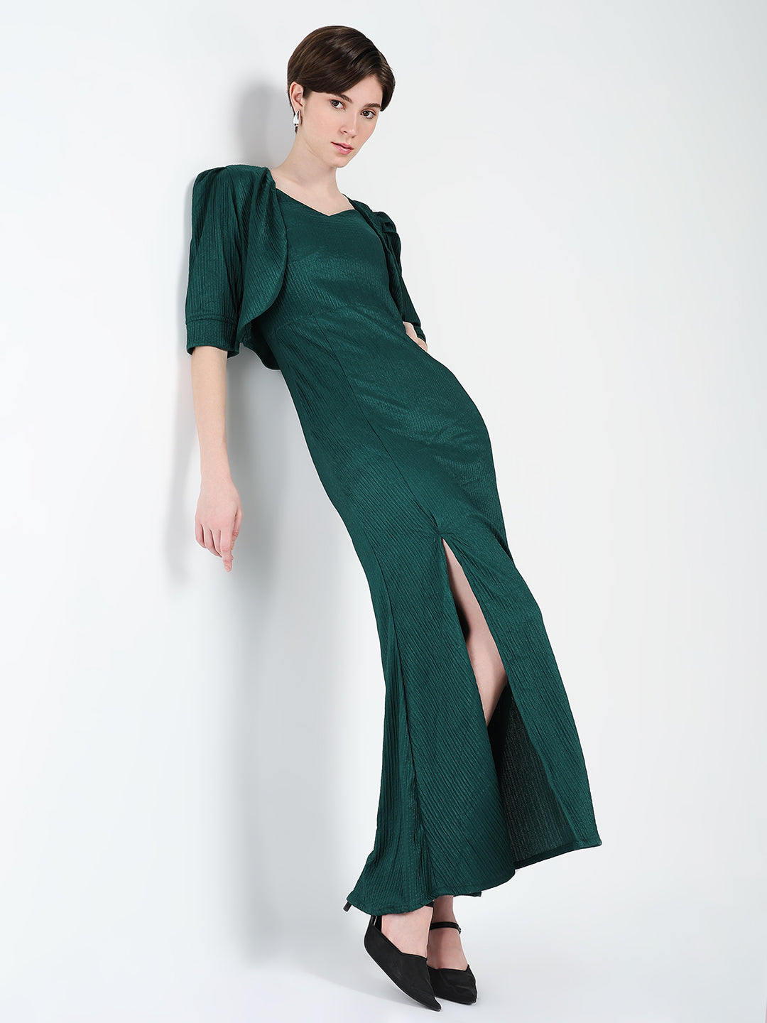 Women Solid Green A-Line Dress with Shrug