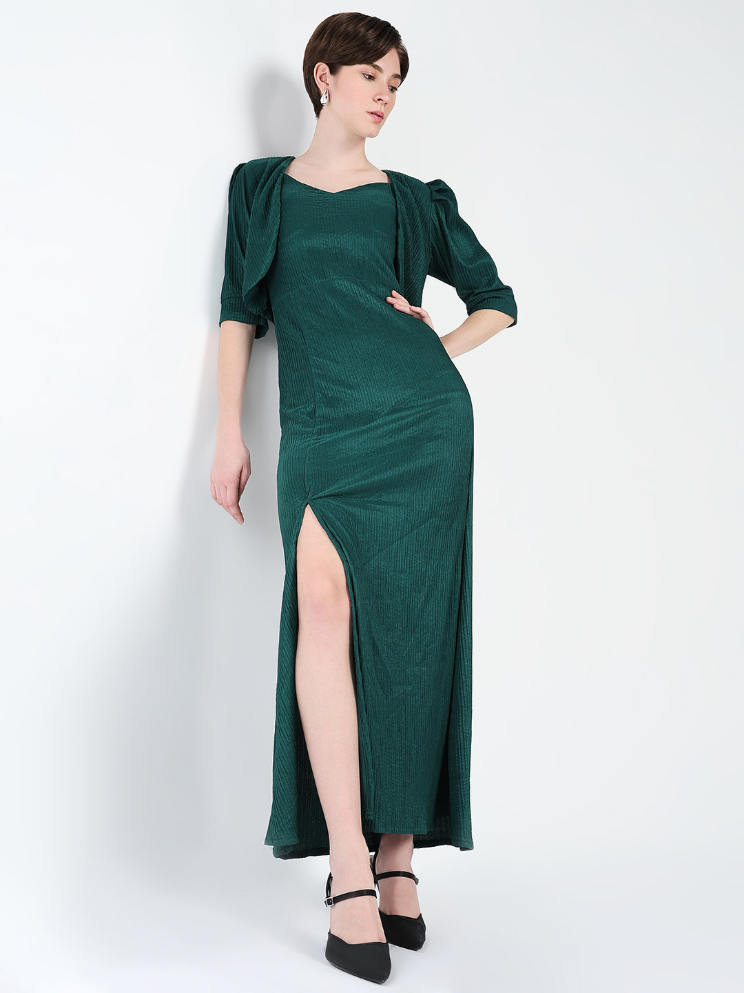 Women Solid Green A-Line Dress with Shrug