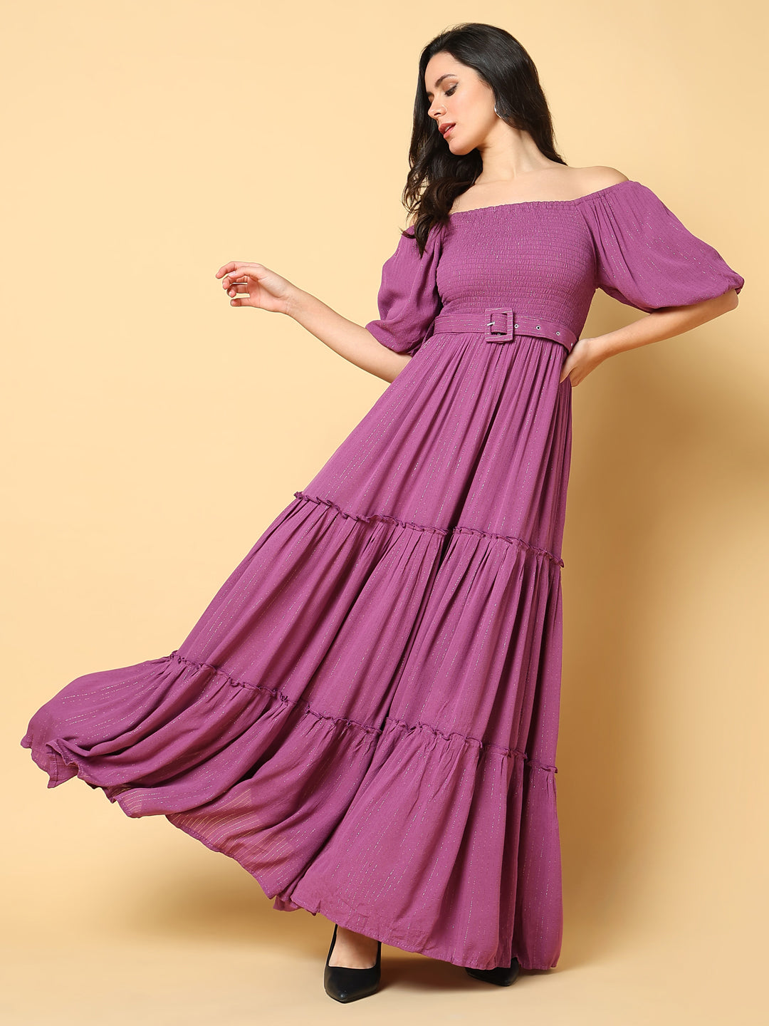 Women Solid Purple Fit and Flare Dress with Belt