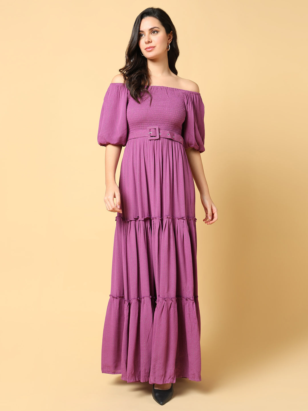 Women Solid Purple Fit and Flare Dress with Belt