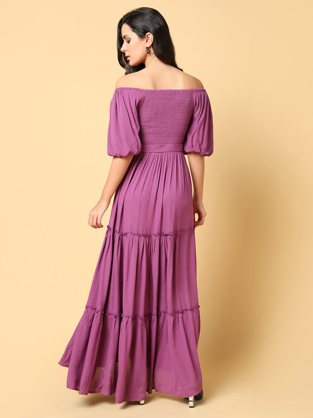 Women Solid Purple Fit and Flare Dress with Belt