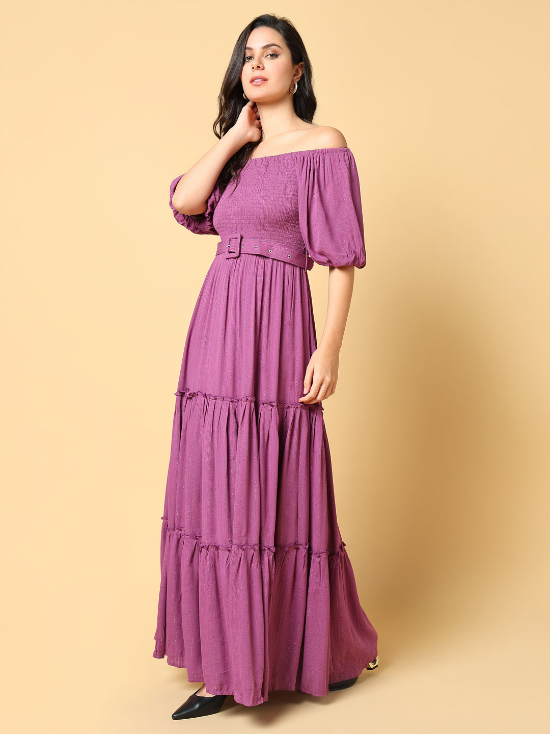 Women Solid Purple Fit and Flare Dress with Belt