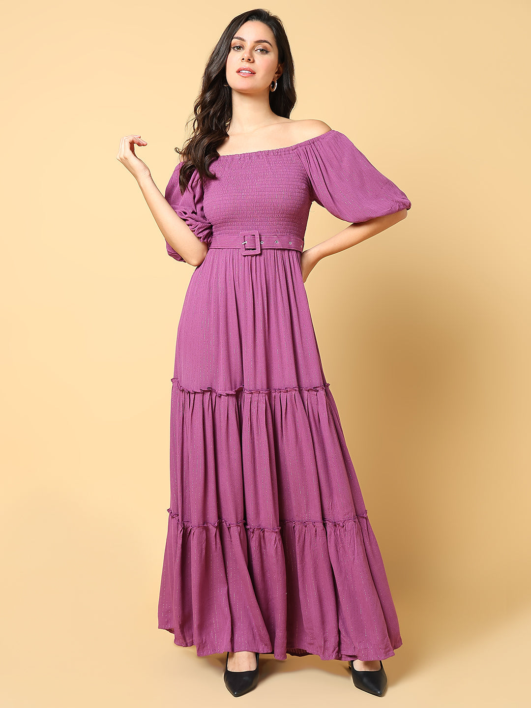 Women Solid Purple Fit and Flare Dress with Belt