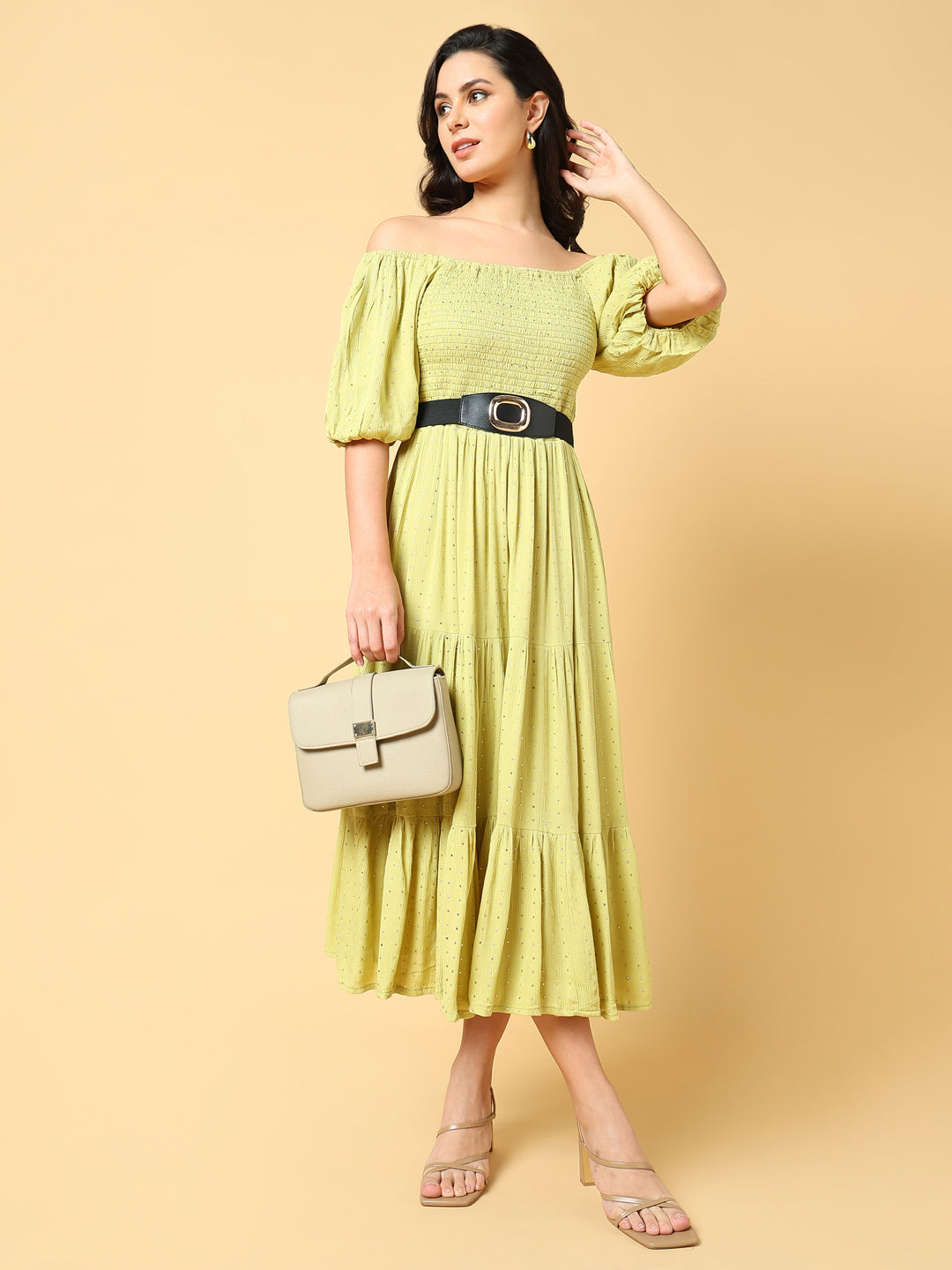 Women Solid Green Fit and Flare Dress with Belt