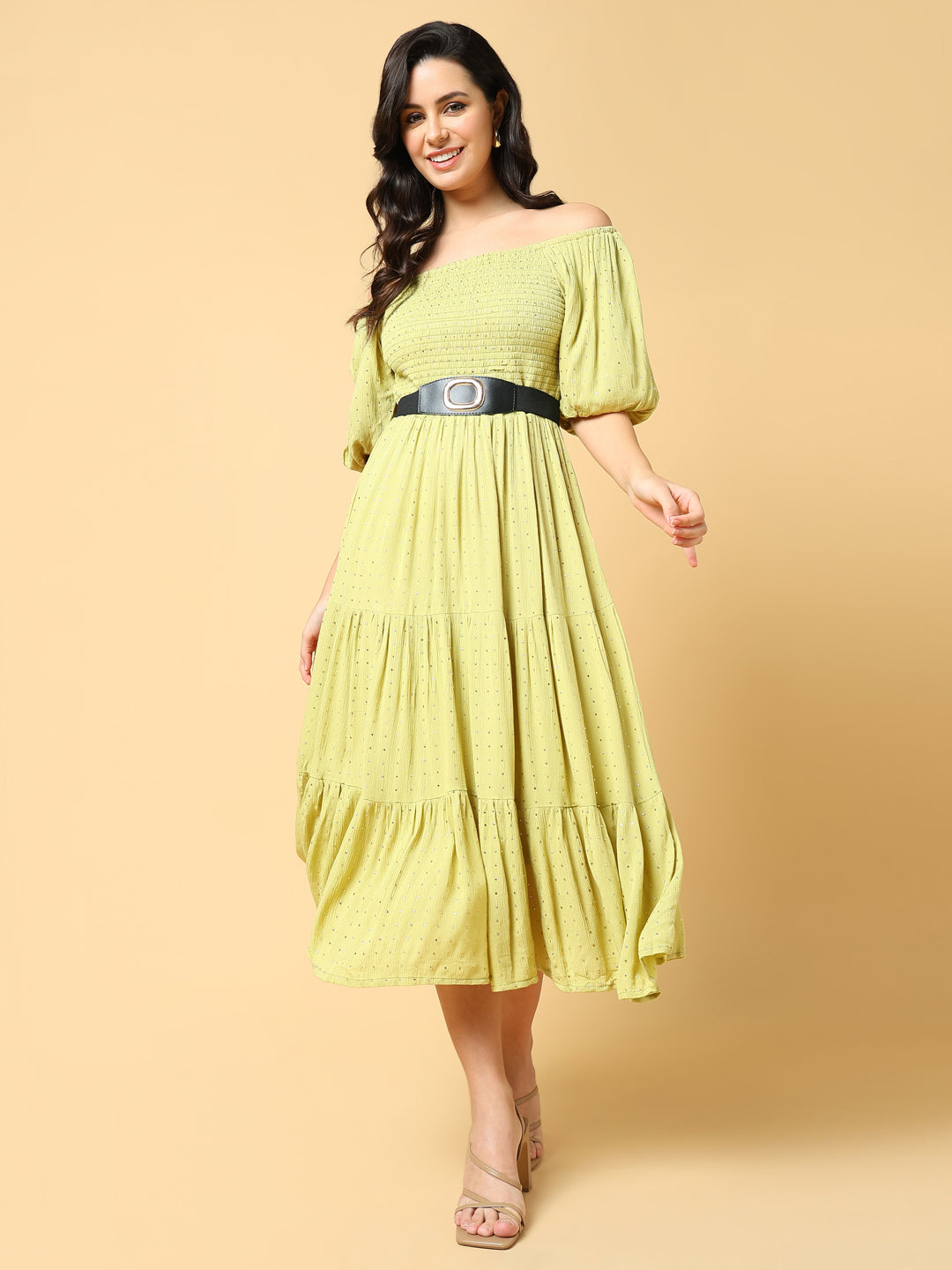 Women Solid Green Fit and Flare Dress with Belt