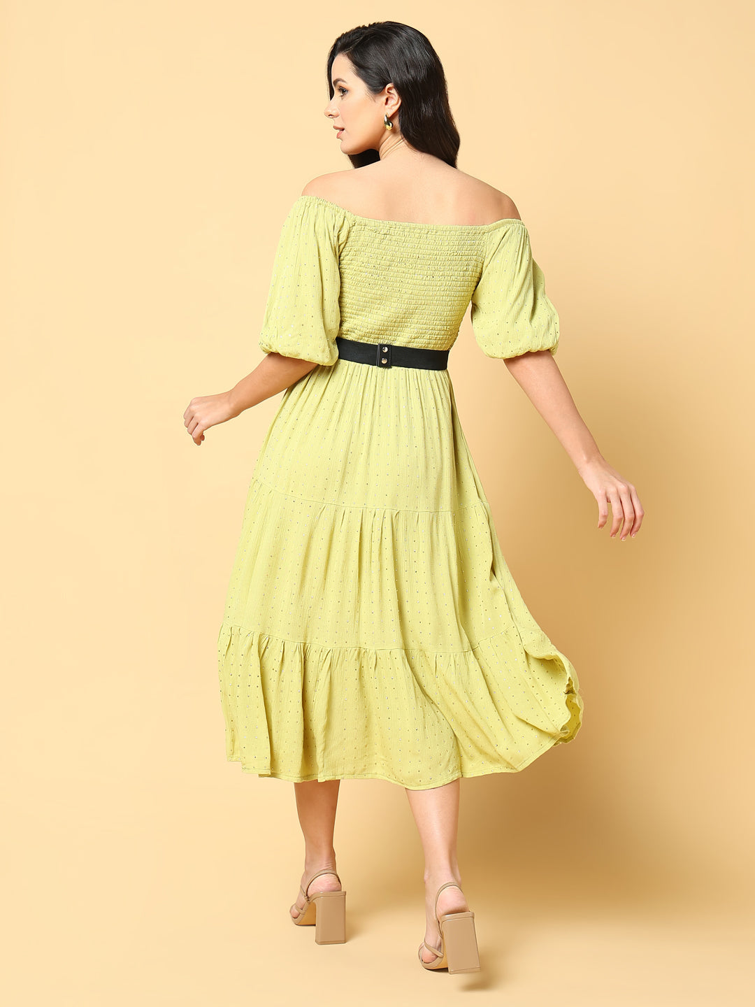 Women Solid Green Fit and Flare Dress with Belt