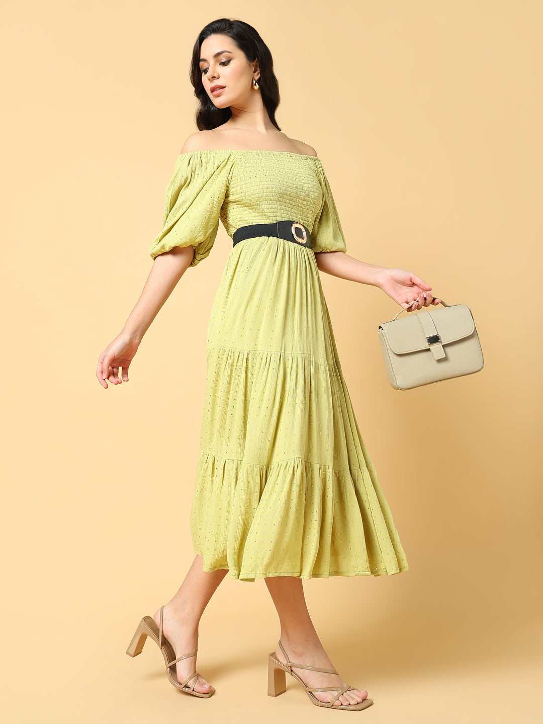 Women Solid Green Fit and Flare Dress with Belt