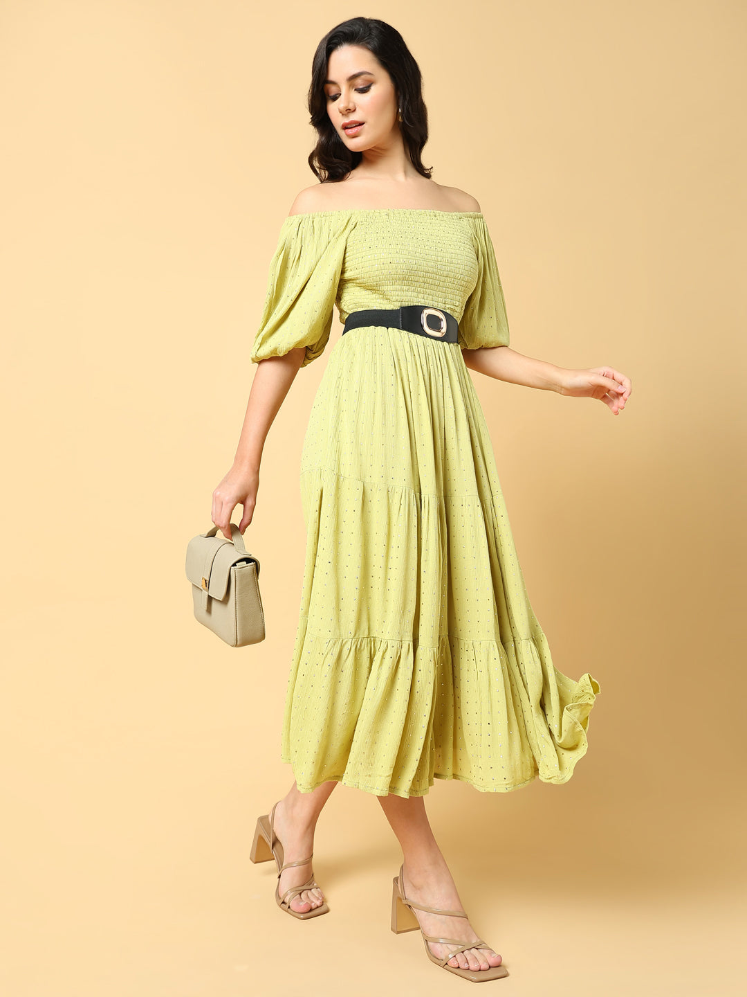 Women Solid Green Fit and Flare Dress with Belt