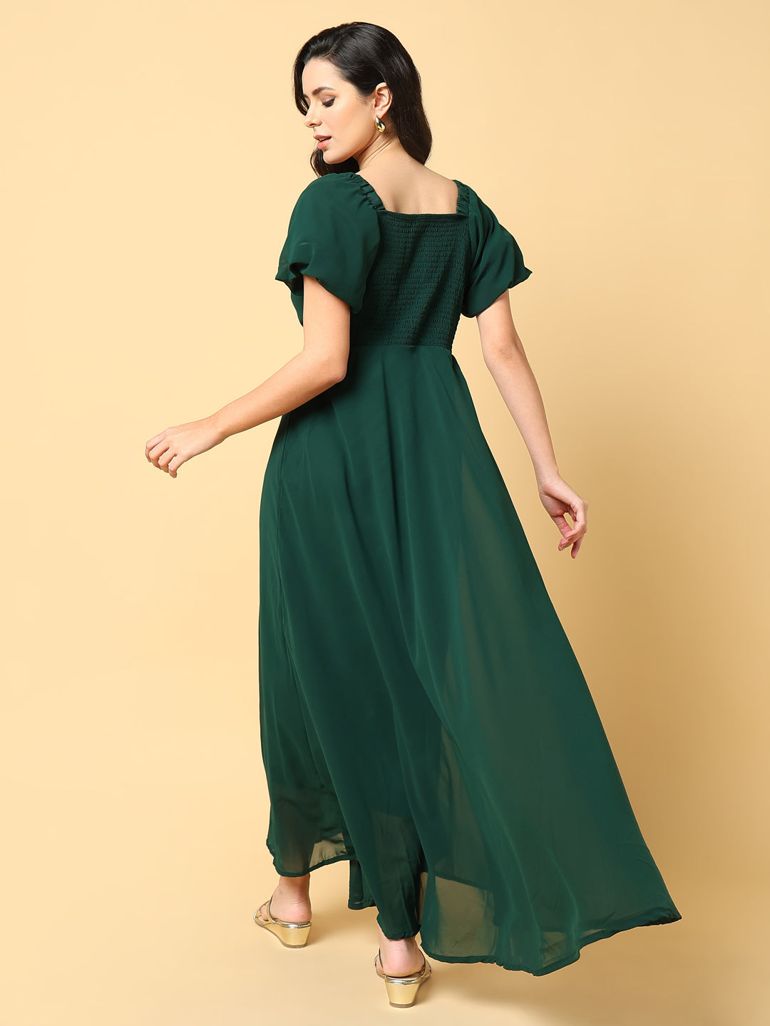 Women Solid Green Fit and Flare Dress