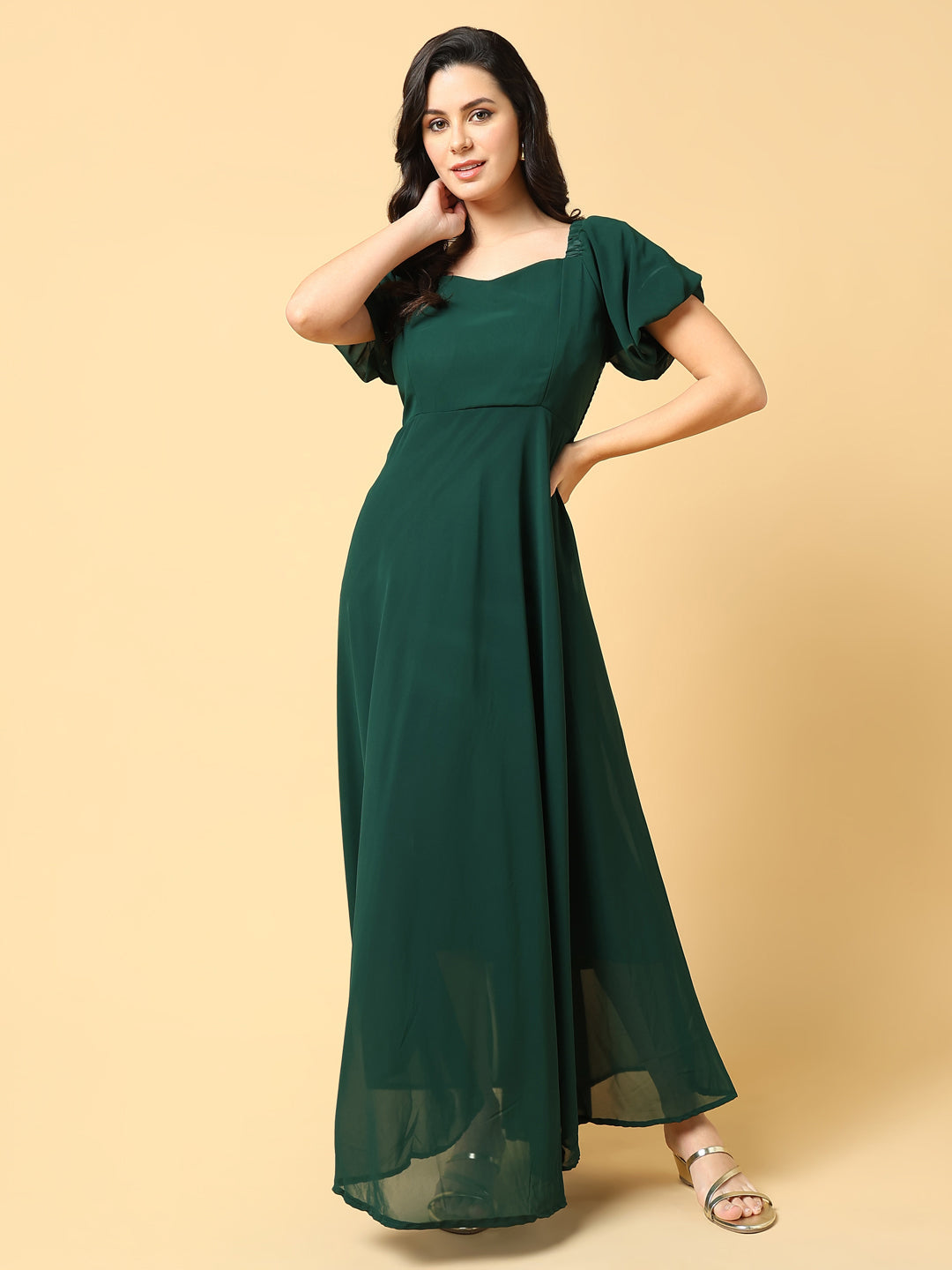 Women Solid Green Fit and Flare Dress