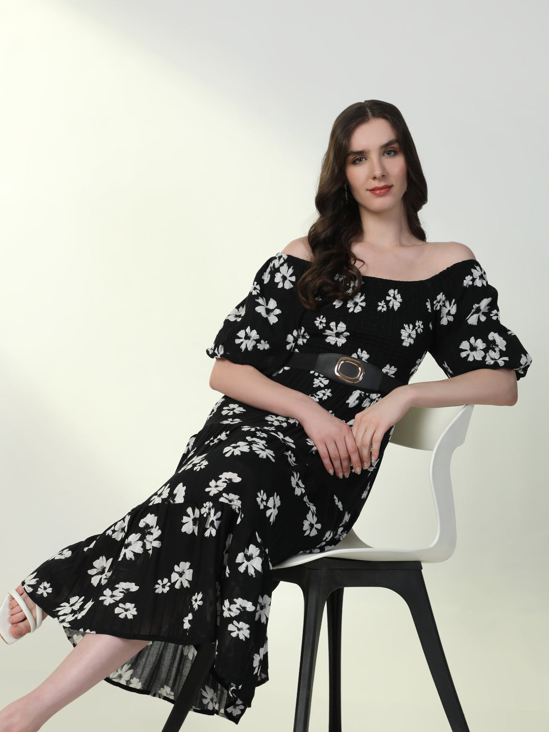 Women Floral Black Flared Dress with Belt