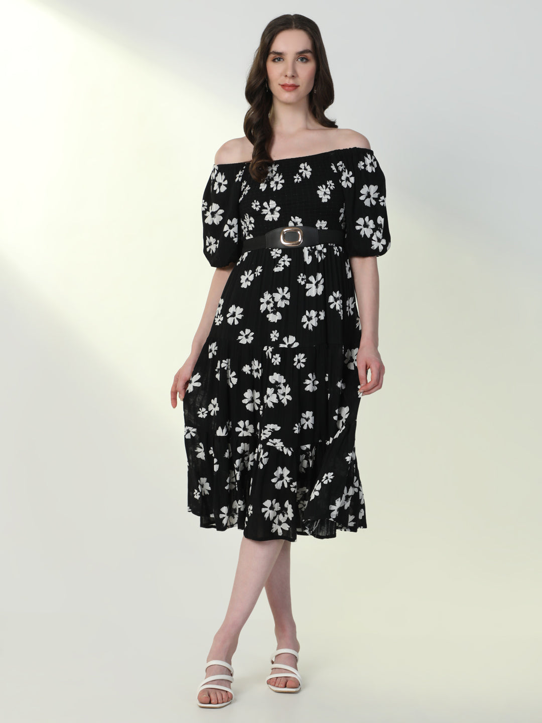 Women Floral Black Flared Dress with Belt