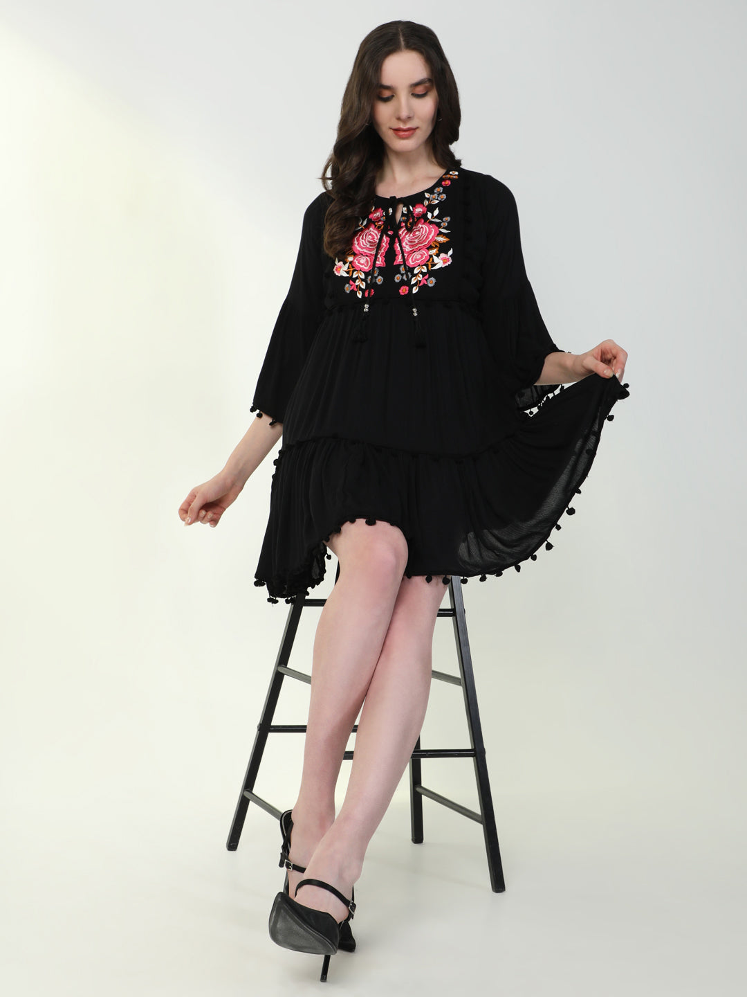 Women Floral Black Empire Dress