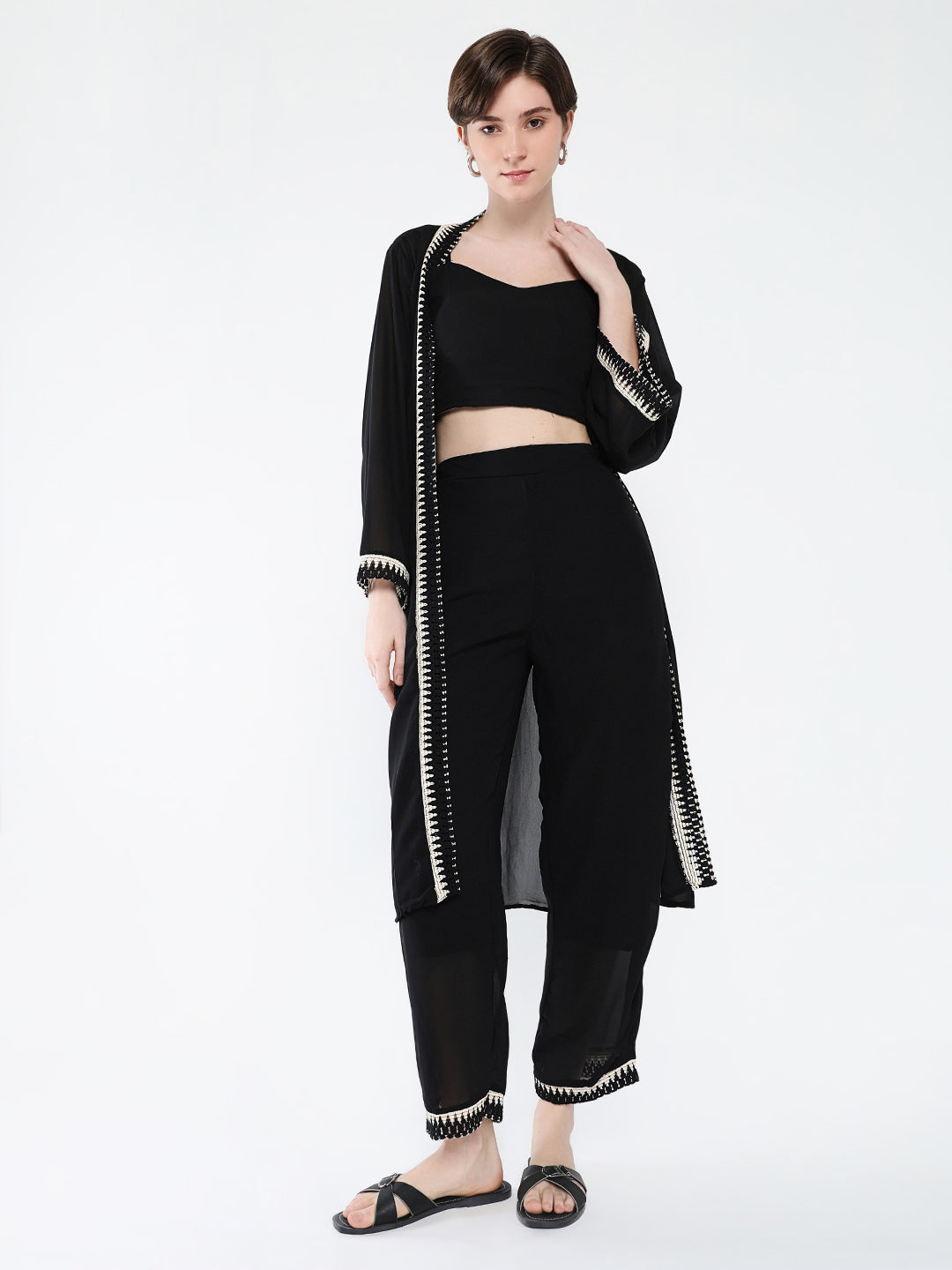 Women Black Solid Co Ords Set with Shrug