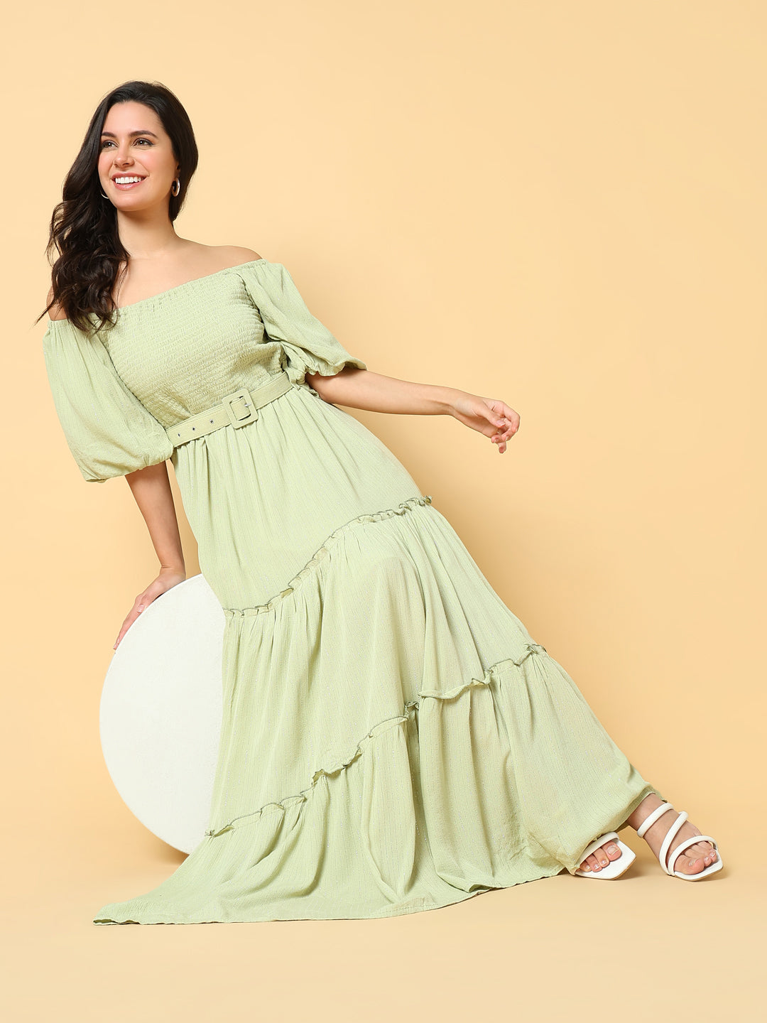 Women Solid Green Fit and Flare Dress with Belt