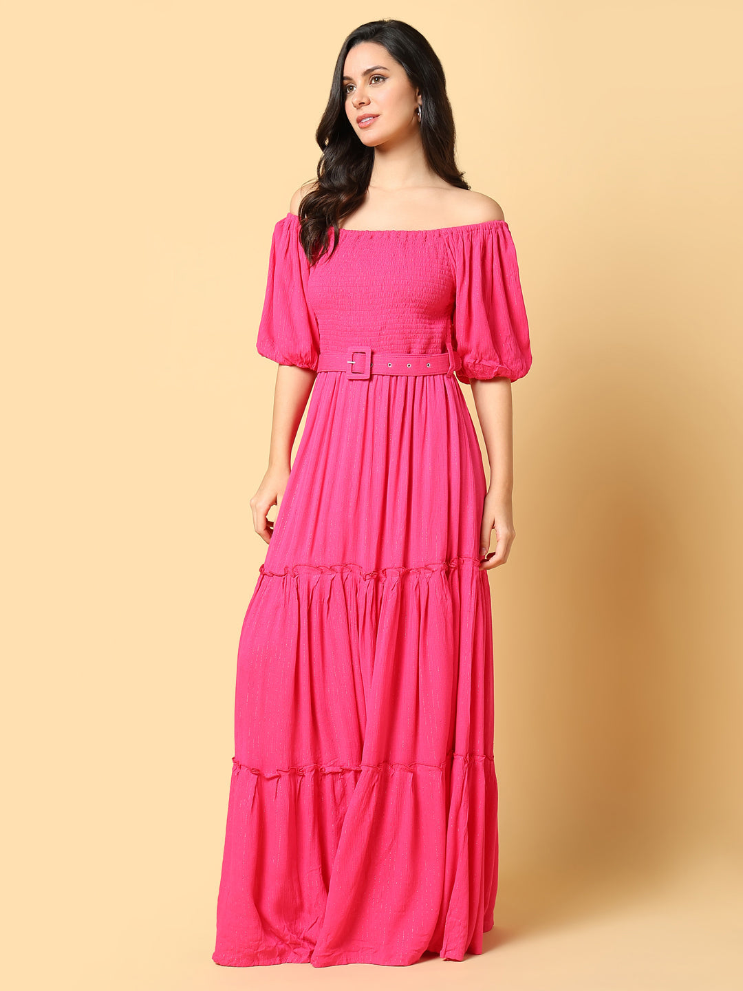 Women Solid Pink Fit and Flare Dress with Belt