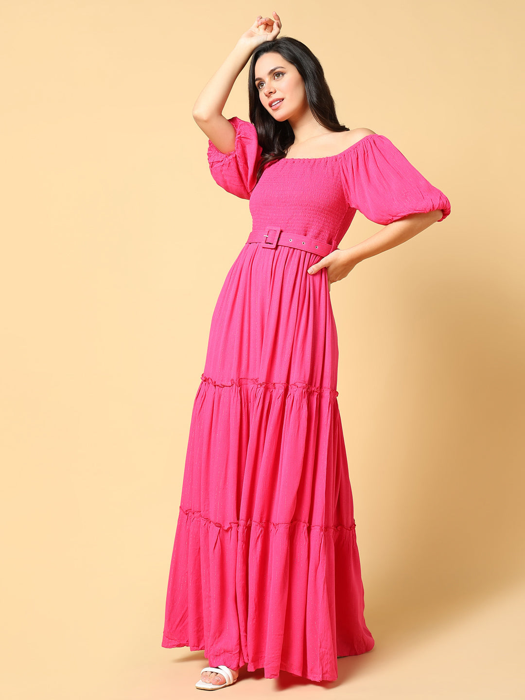 Women Solid Pink Fit and Flare Dress with Belt