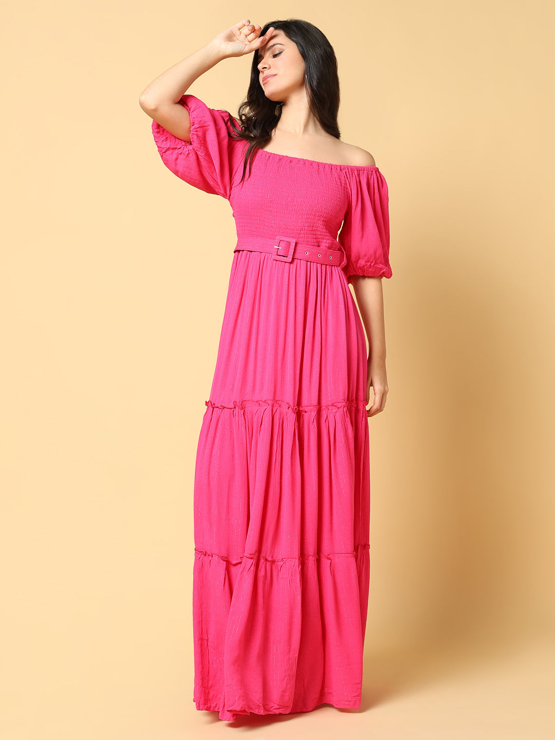 Women Solid Pink Fit and Flare Dress with Belt